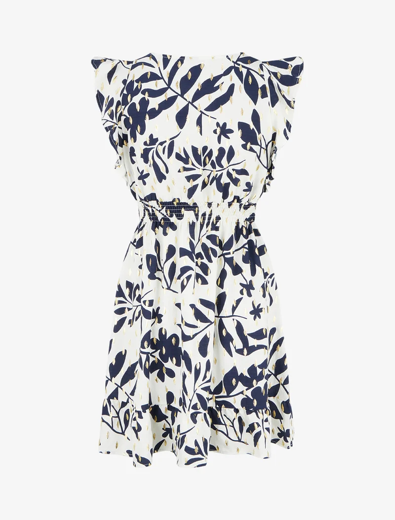 Robe imprimé feuillage à taille élastiquée - Marine