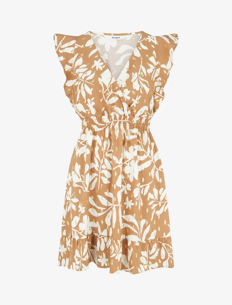 Robe imprimé feuillage à taille élastiquée - Camel