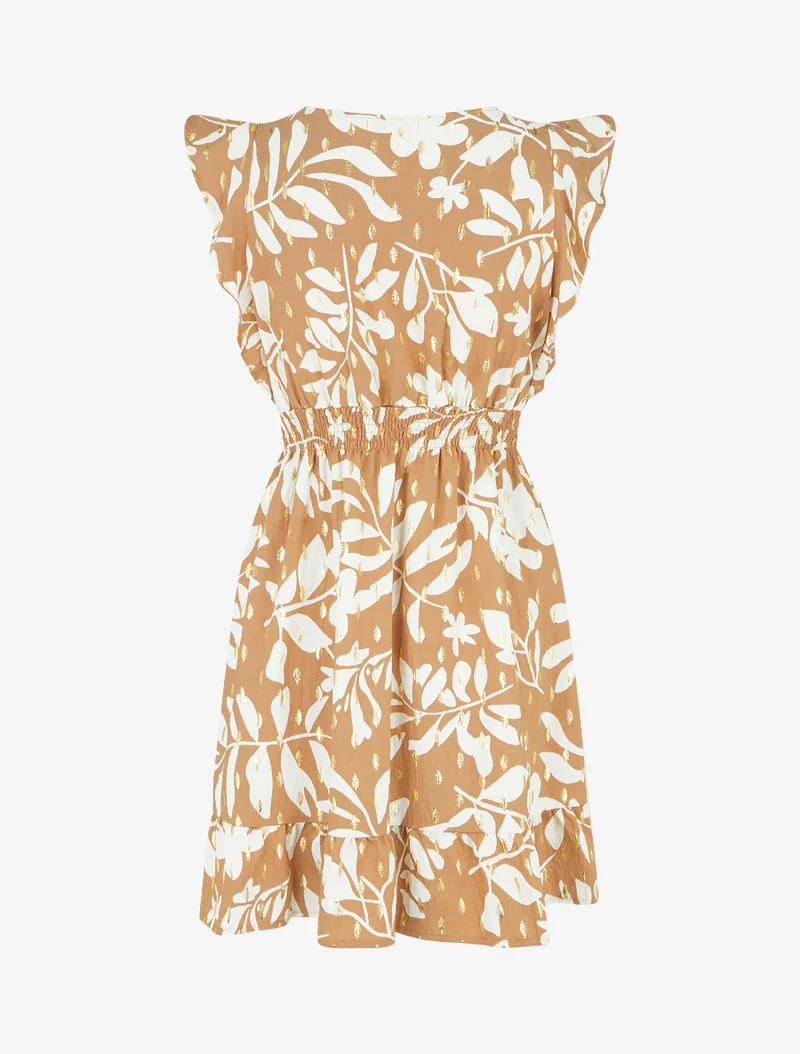 Robe imprimé feuillage à taille élastiquée - Camel