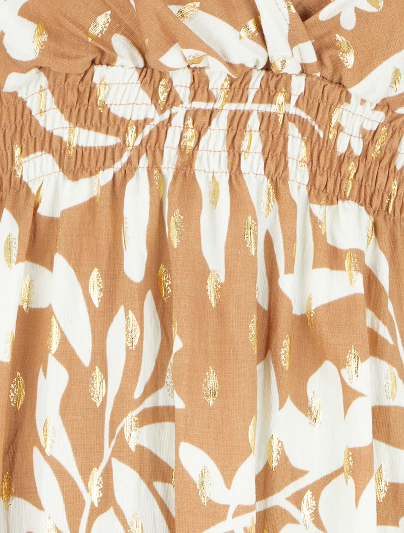 Robe imprimé feuillage à taille élastiquée - Camel