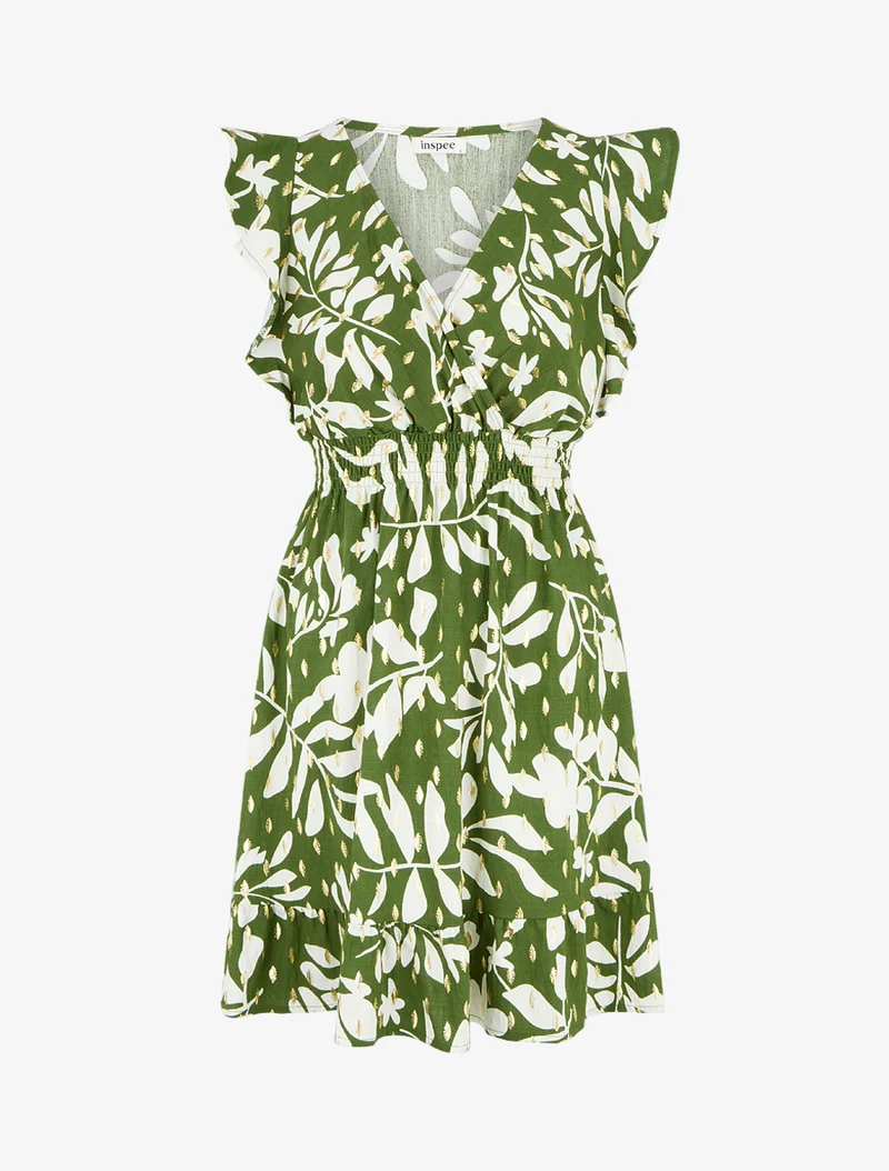 Robe imprimé feuillage à taille élastiquée - Kaki