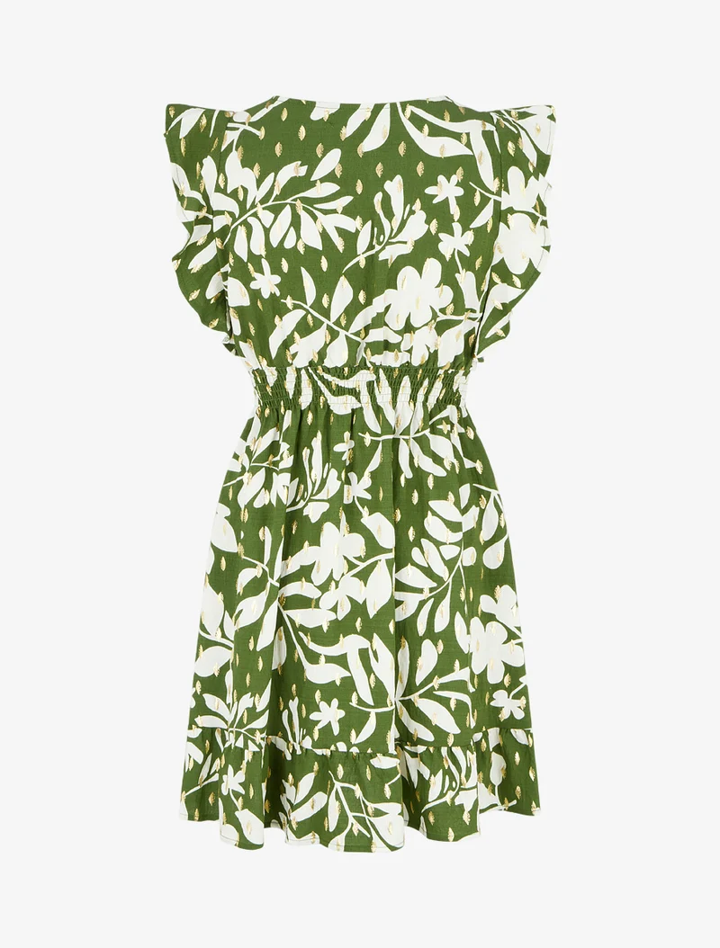Robe imprimé feuillage à taille élastiquée - Kaki
