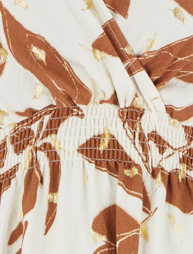 Robe imprimé feuilles à taille élastiquée - Marron