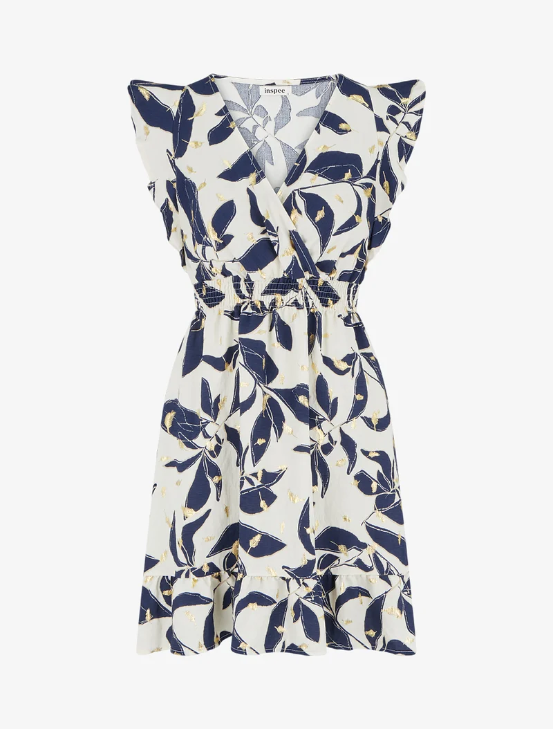 Robe imprimé feuilles à taille élastiquée - Marine
