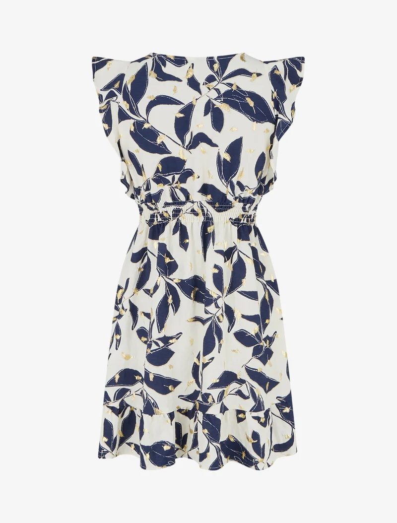 Robe imprimé feuilles à taille élastiquée - Marine