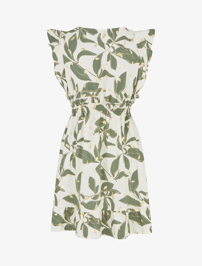 Robe imprimé feuilles à taille élastiquée - Kaki