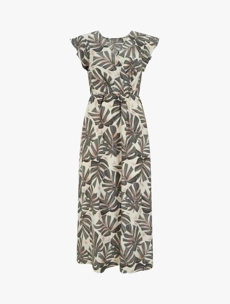 Robe longue imprimé feuilles à manches courtes - Gris