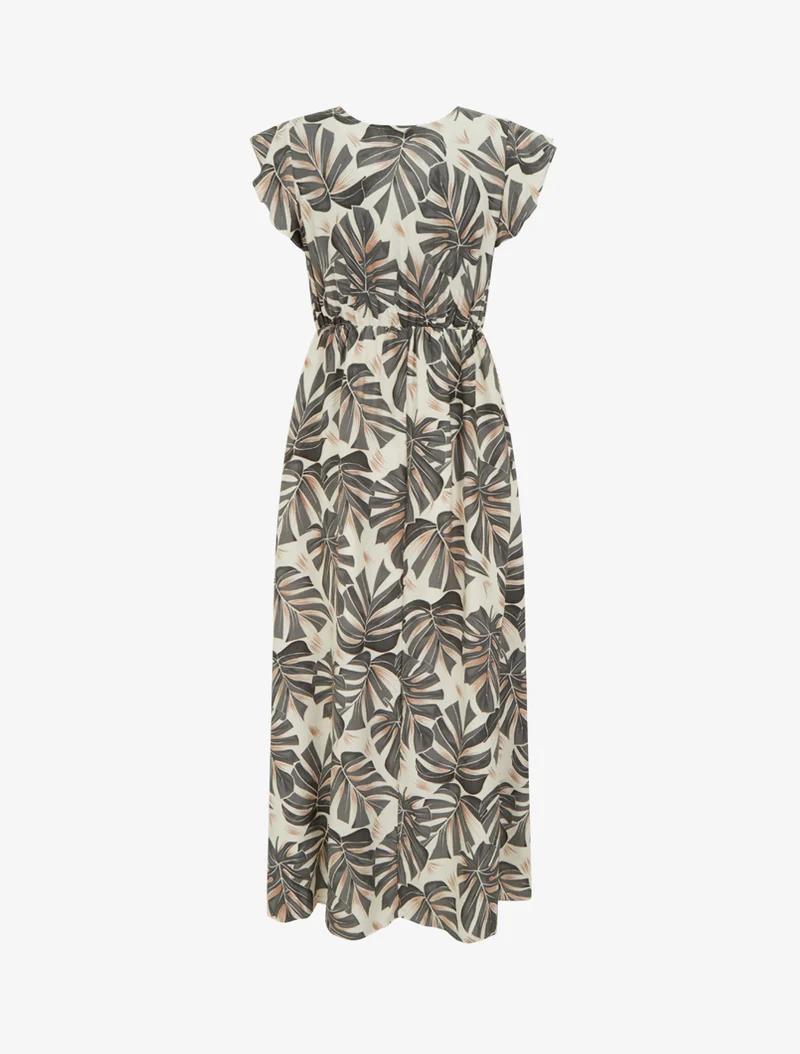 Robe longue imprimé feuilles à manches courtes - Gris