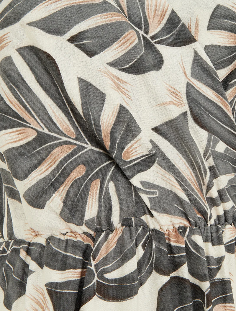 Robe longue imprimé feuilles à manches courtes - Gris