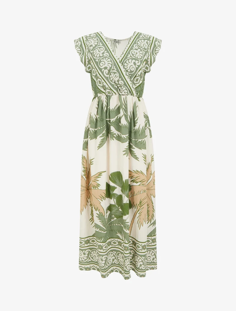 Robe longue imprimé feuillage à manches courtes - Vert