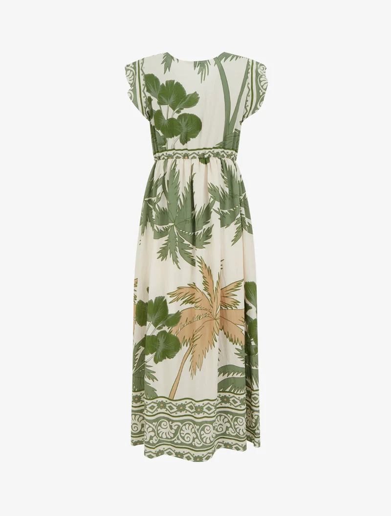 Robe longue imprimé feuillage à manches courtes - Vert