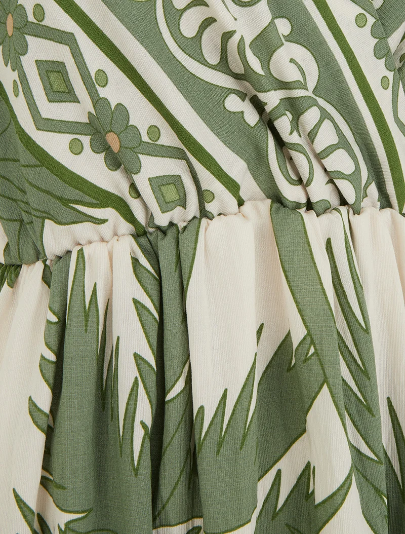 Robe longue imprimé feuillage à manches courtes - Vert