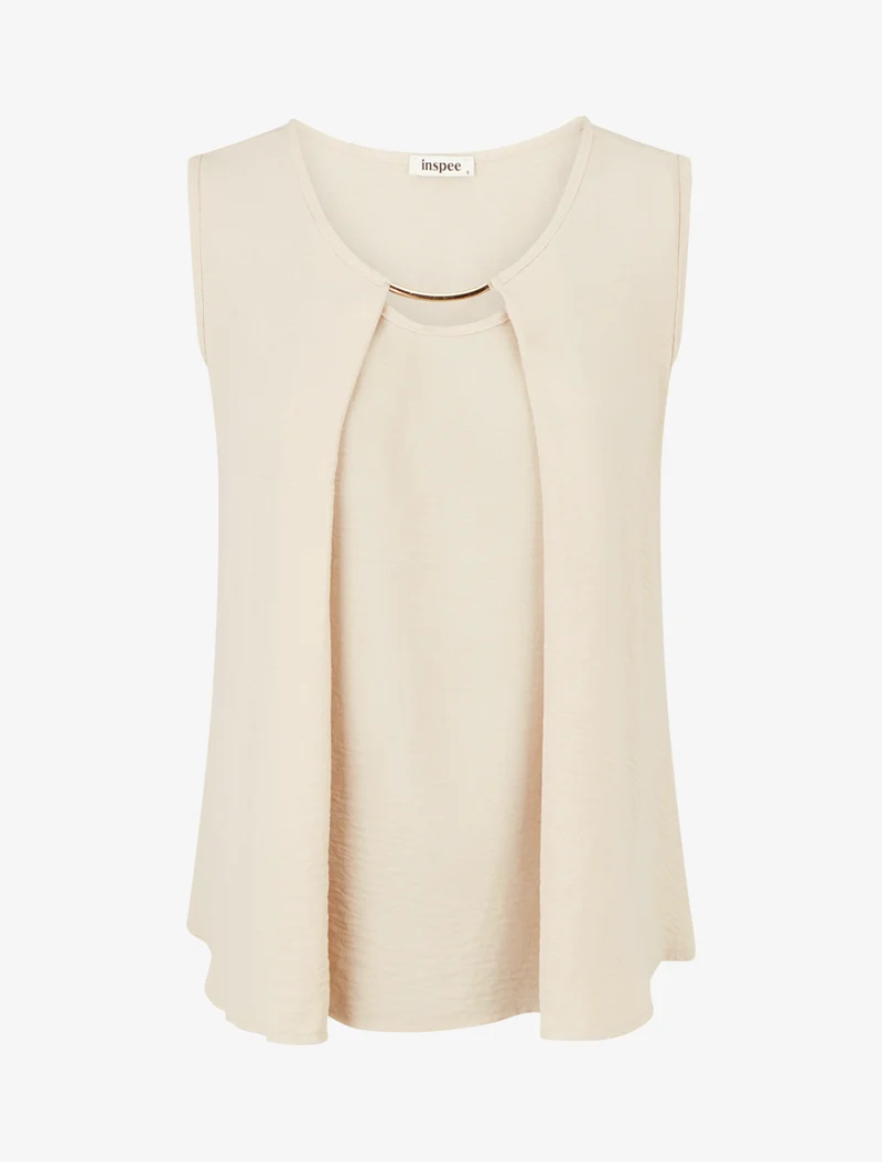 Top droit uni à col rond bijou - Beige foncé