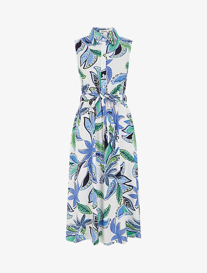 Robe chemise longue à imprimé feuillages - Bleu