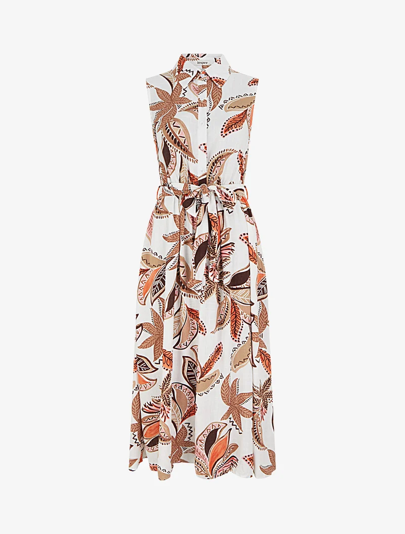 Robe chemise longue à imprimé feuillages - Marron