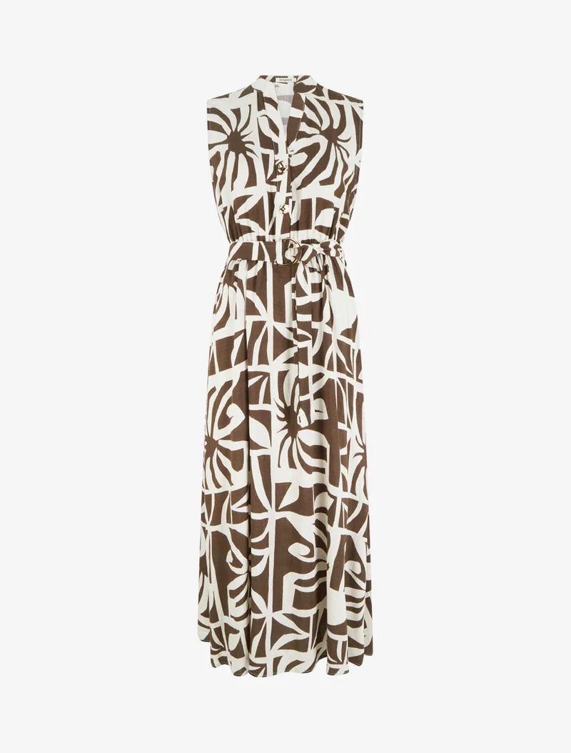 Robe longue imprimé stylisé à boutons décoratifs - Marron