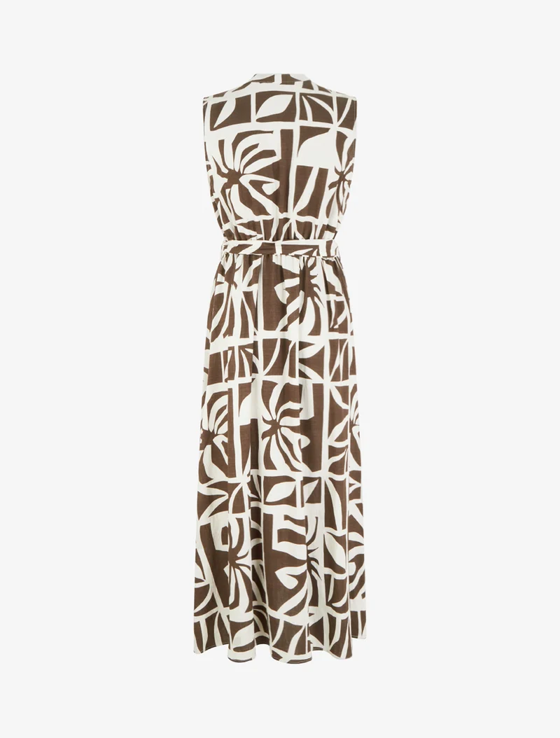 Robe longue imprimé stylisé à boutons décoratifs - Marron
