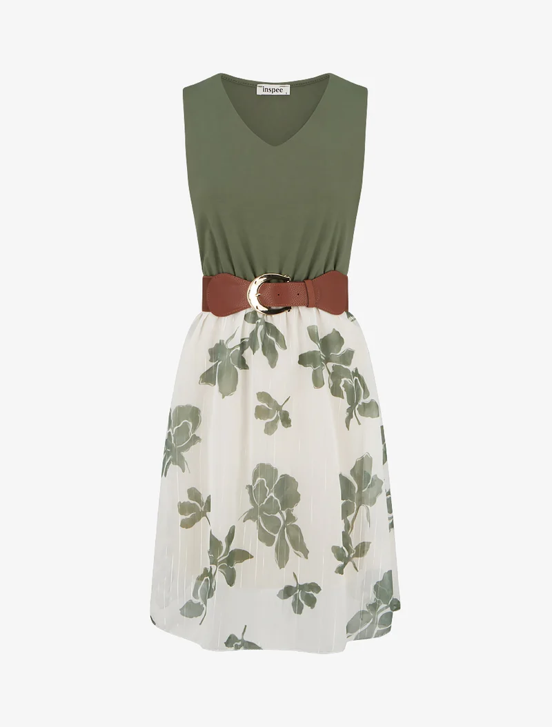 Robe coupe évasée imprimé floral - Kaki
