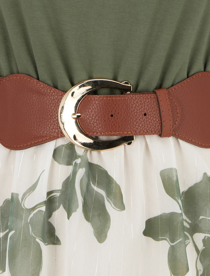 Robe coupe évasée imprimé floral - Kaki