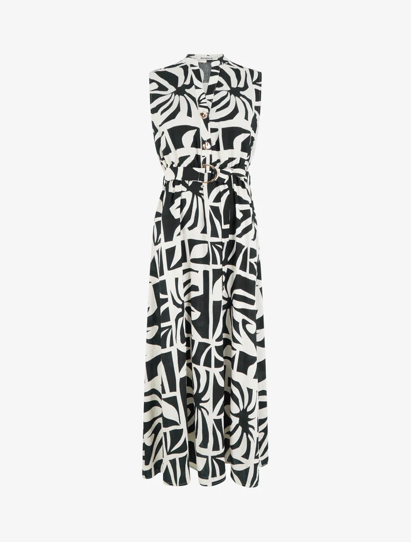 Robe longue imprimé stylisé à boutons décoratifs - Noir