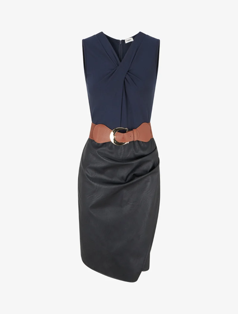 Robe bimatière à col V - Noir