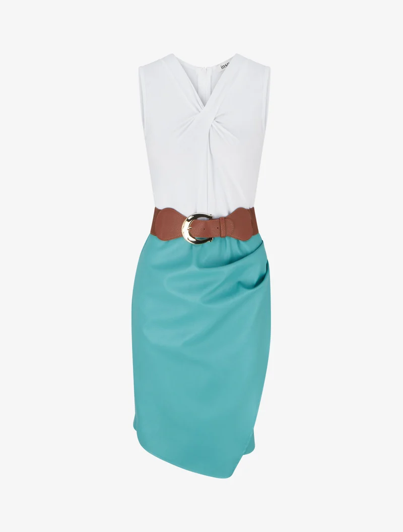 Robe bimatière à col V - Turquoise