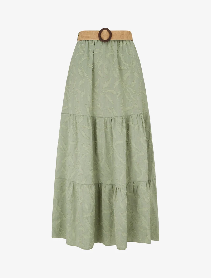 Jupe longue évasée en tissu texturé - Kaki