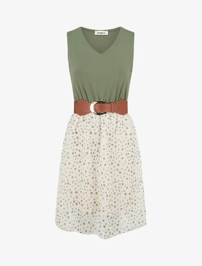 Robe coupe évasée imprimé pois fantaisies - Kaki