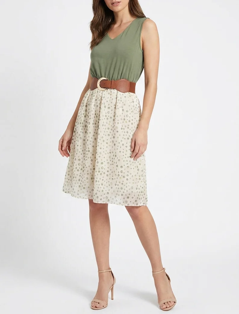 Robe coupe évasée imprimé pois fantaisies - Kaki