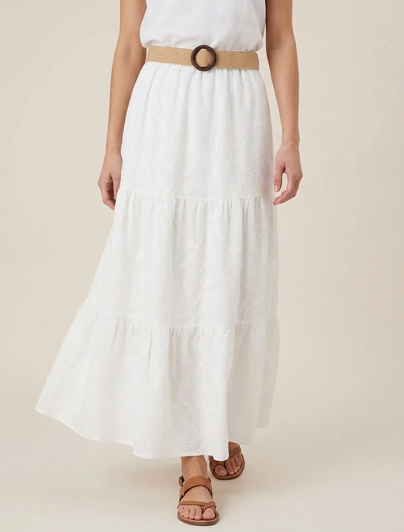 Jupe longue évasée en tissu texturé - Blanc