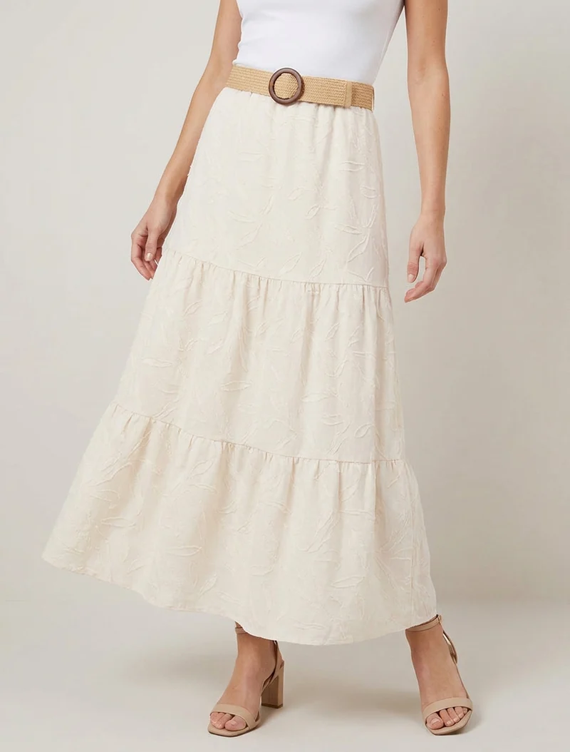 Jupe longue évasée en tissu texturé - Beige