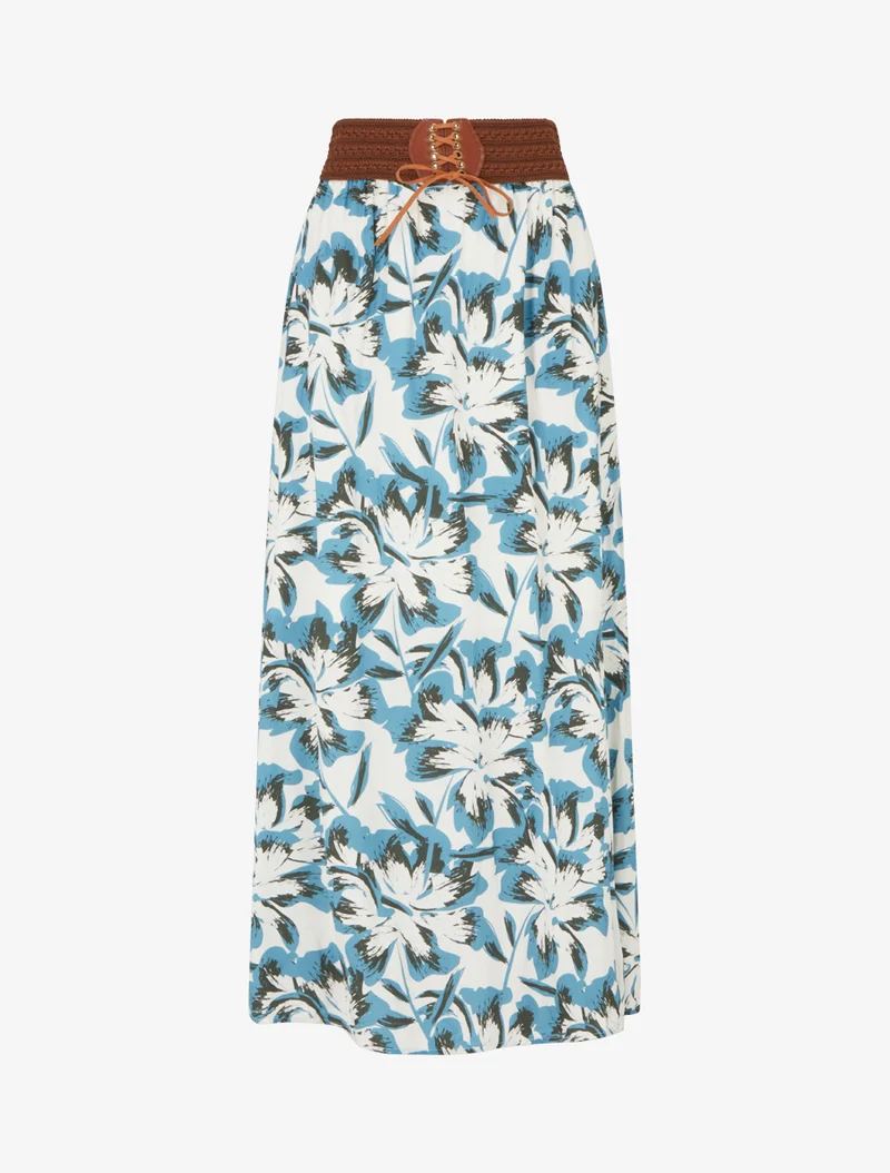 Jupe longue élastiquée imprimé fleuri - Bleu clair