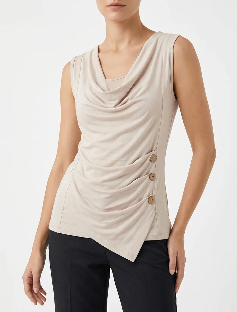 Top uni sans manches à col rond - Beige