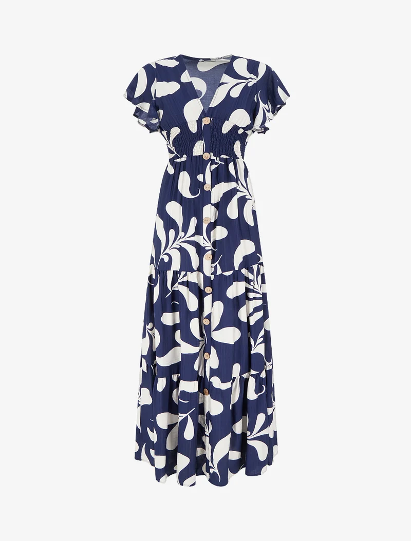 Robe longue manches courtes imprimé plantes stylisées - Marine
