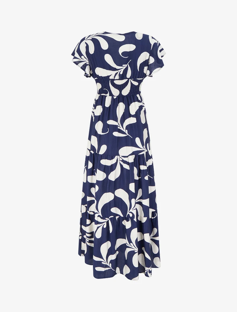 Robe longue manches courtes imprimé plantes stylisées - Marine