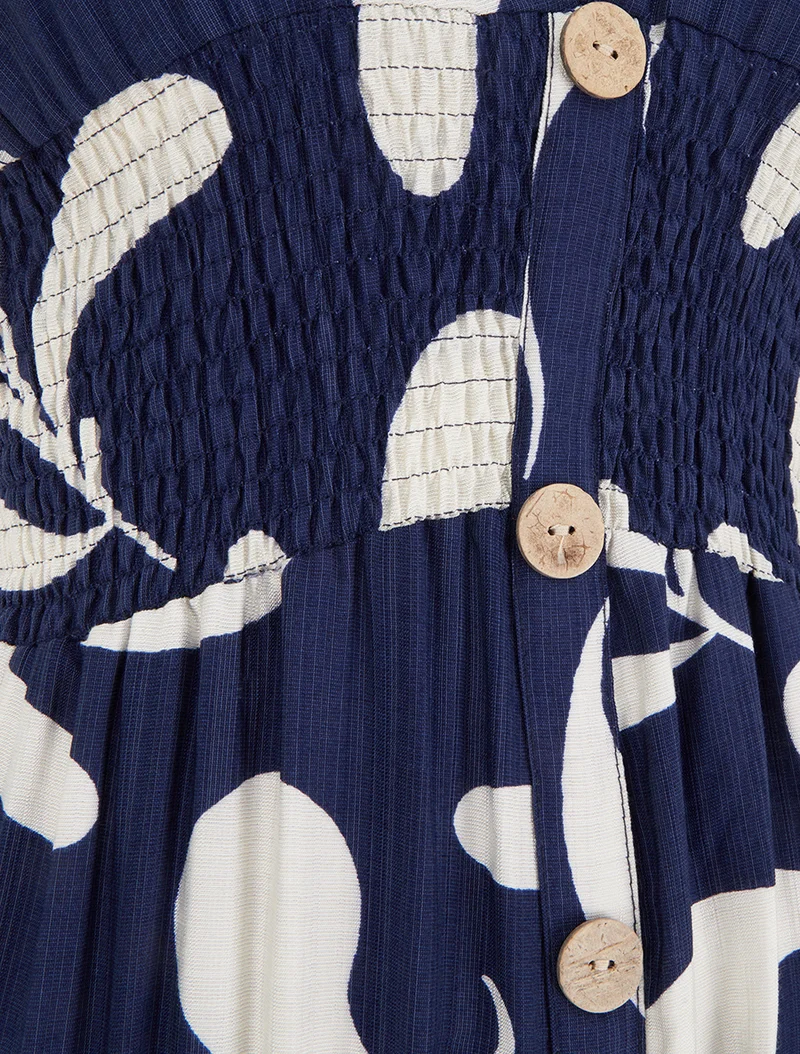 Robe longue manches courtes imprimé plantes stylisées - Marine