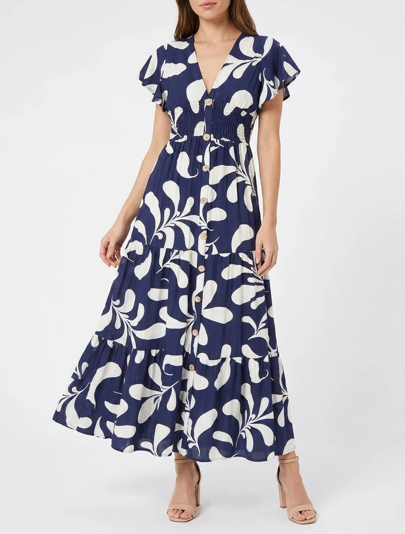 Robe longue manches courtes imprimé plantes stylisées - Marine