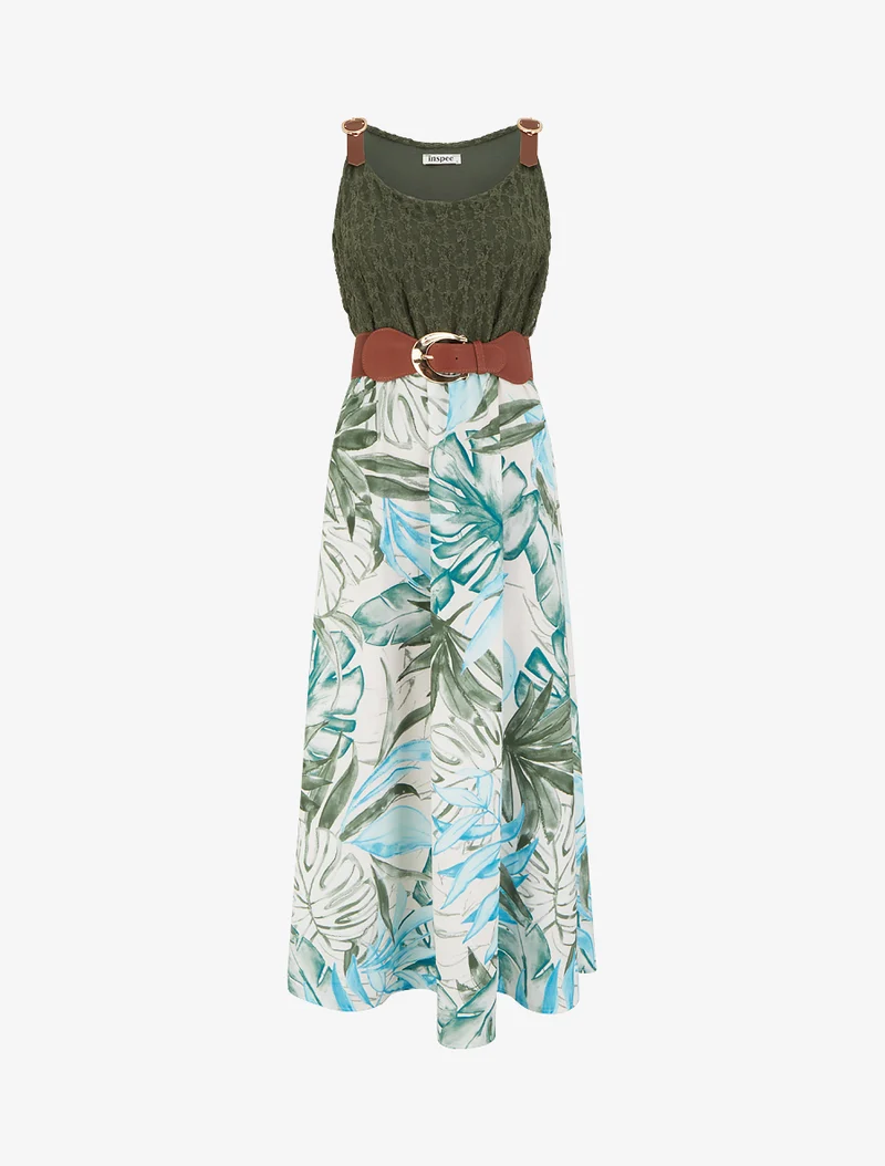 Robe longue à imprimé tropical et bretelles simili - Kaki