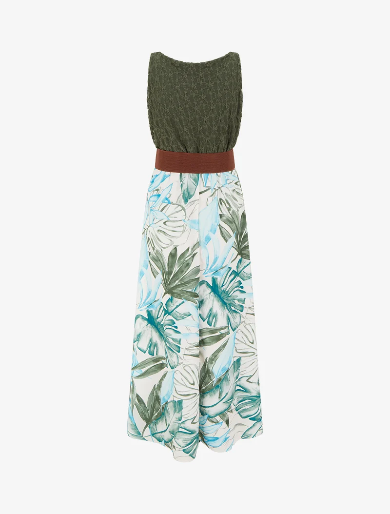 Robe longue à imprimé tropical et bretelles simili - Kaki