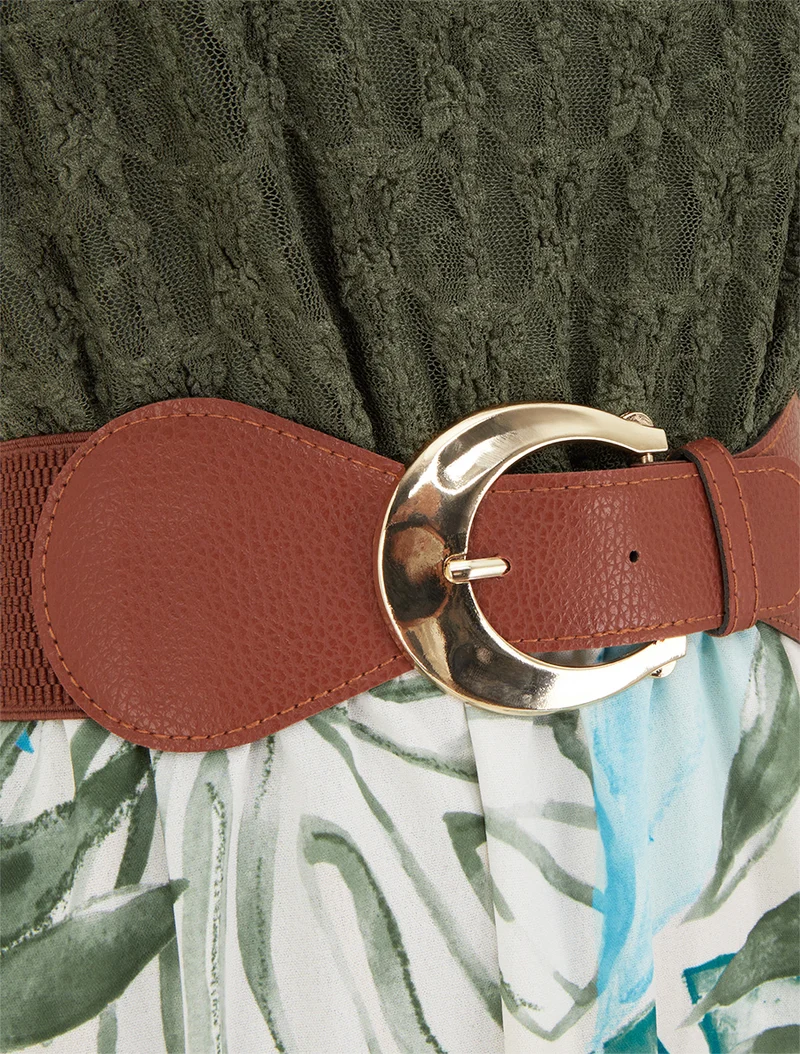 Robe longue à imprimé tropical et bretelles simili - Kaki