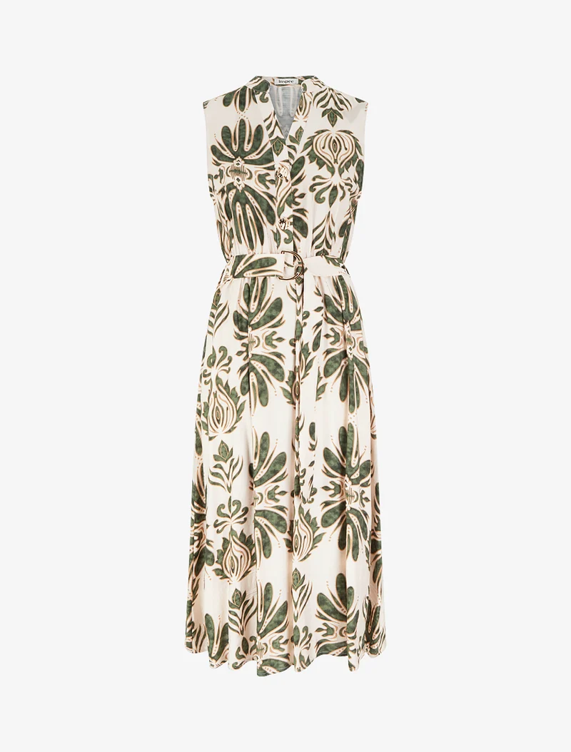 Robe longue imprimé ikat à boutons décoratifs - Vert
