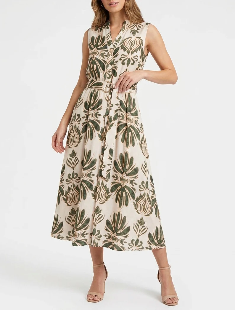 Robe longue imprimé ikat à boutons décoratifs - Vert