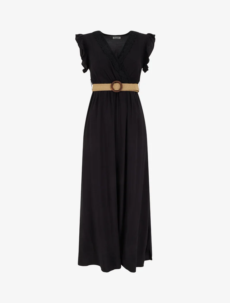 Robe longue unie à col cache-coeur - Noir