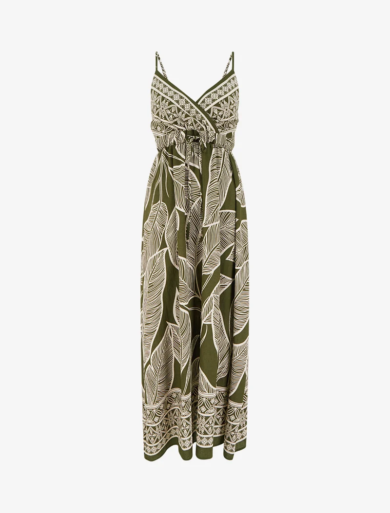 Robe longue imprimé feuilles stylisées - Kaki