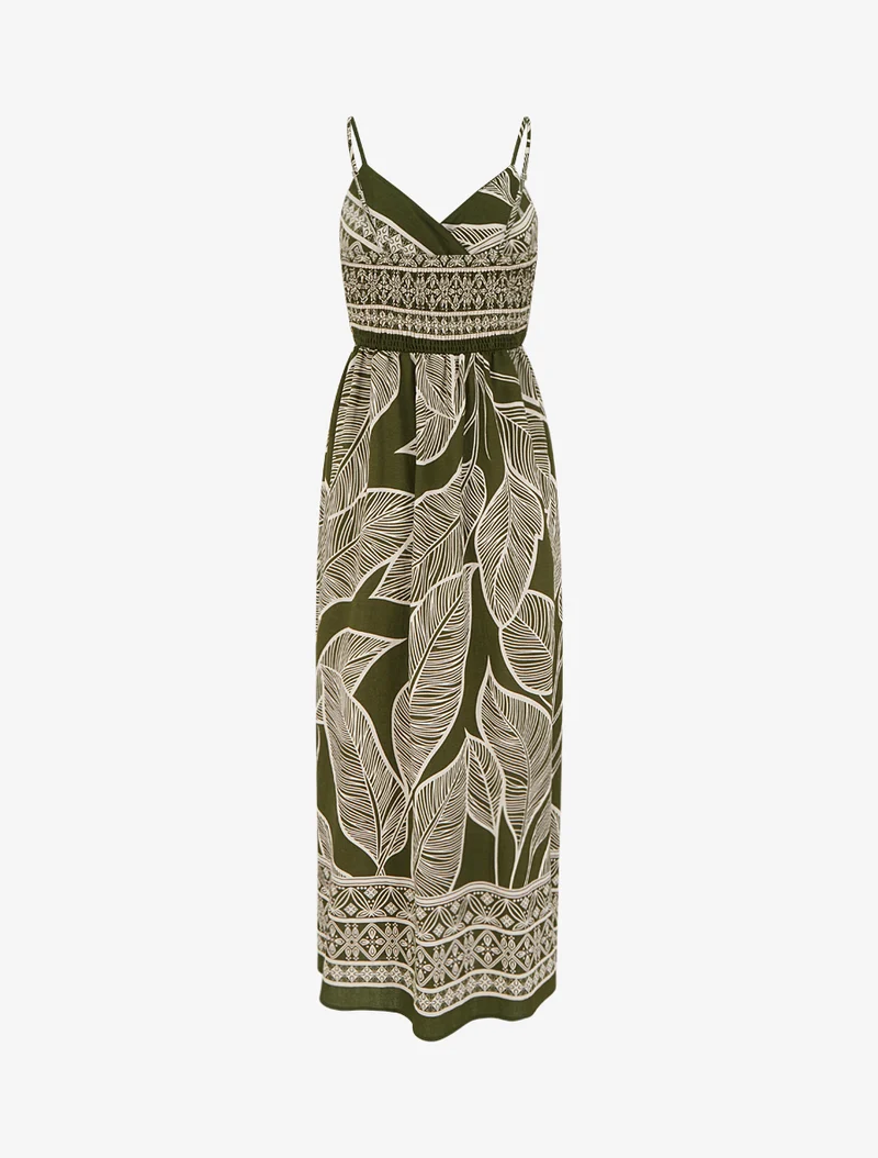 Robe longue imprimé feuilles stylisées - Kaki
