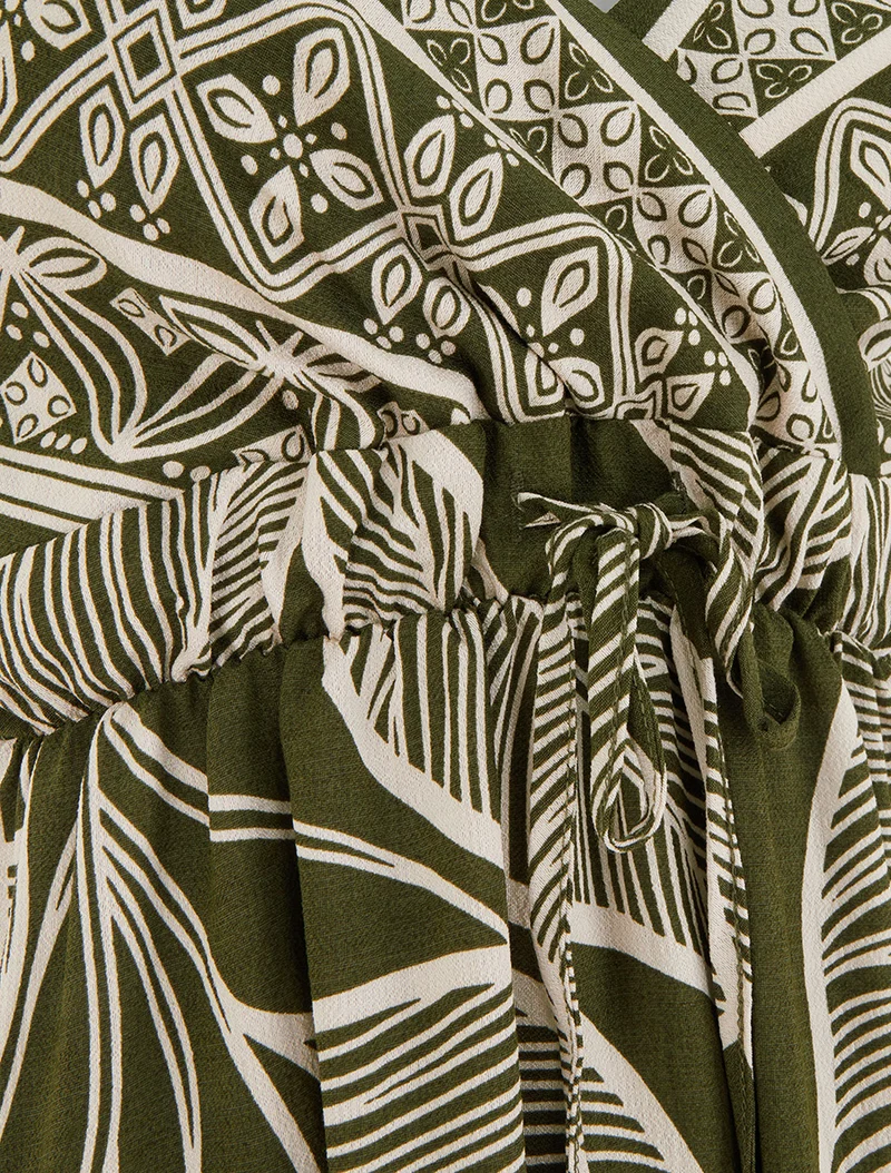 Robe longue imprimé feuilles stylisées - Kaki