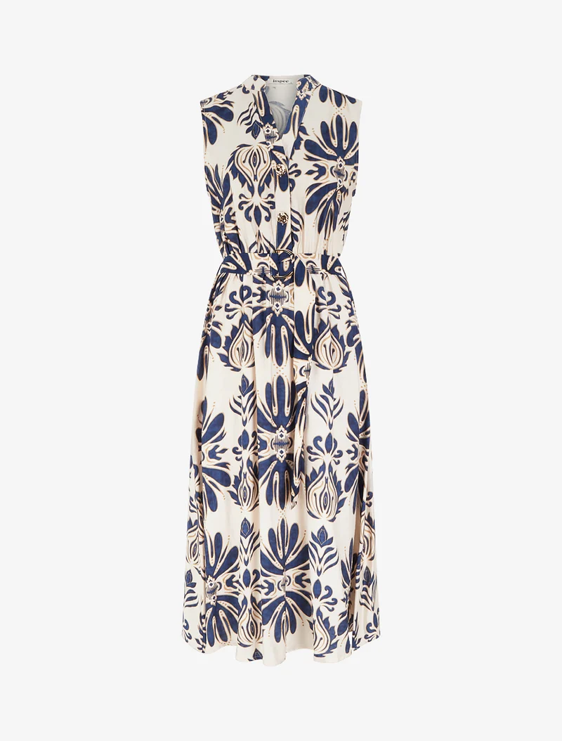 Robe longue imprimé ikat à boutons décoratifs - Marine