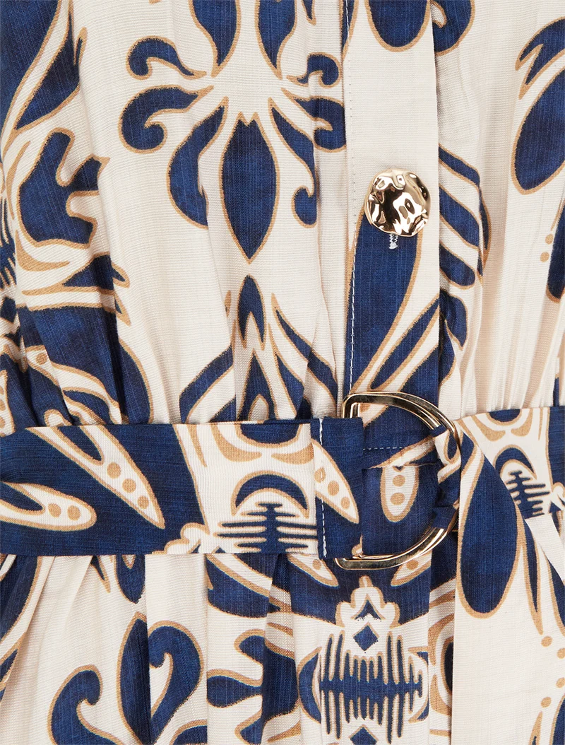 Robe longue imprimé ikat à boutons décoratifs - Marine