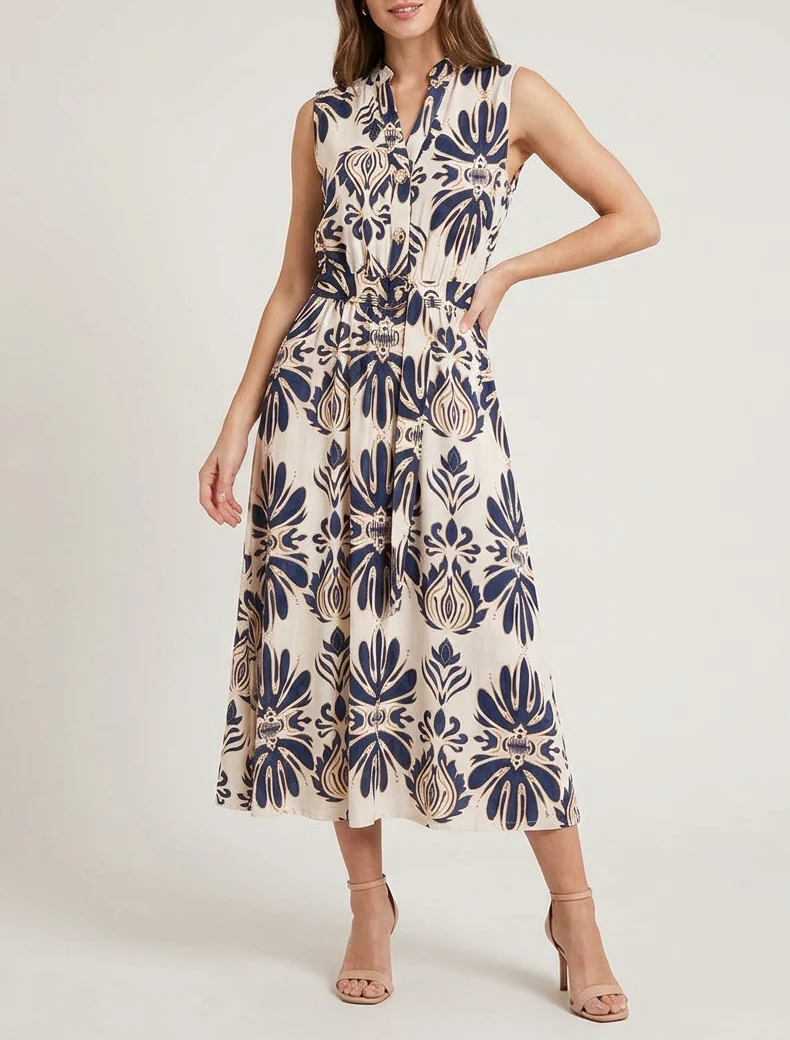 Robe longue imprimé ikat à boutons décoratifs - Marine