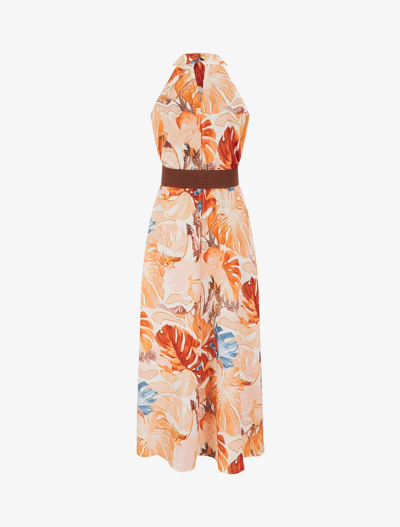 Robe longues sans manches imprimé tropical - Orange